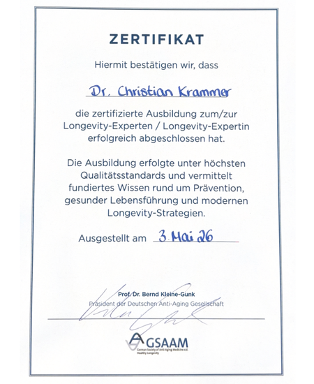 Zertifikat Longevity Experte, Dr. Christian Krammer in München